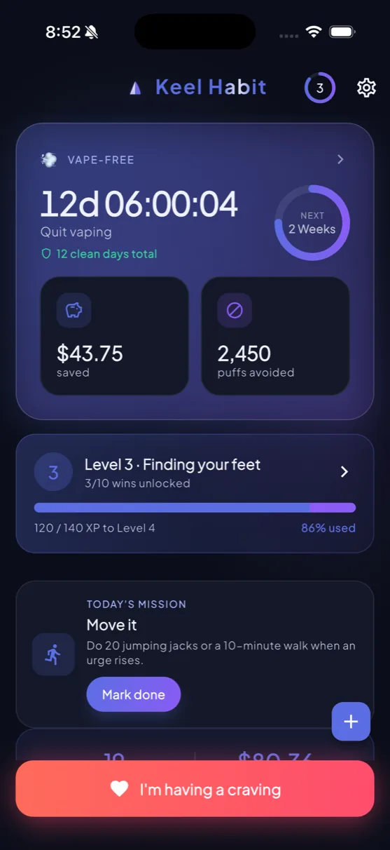 Your dashboard — streak, savings, level